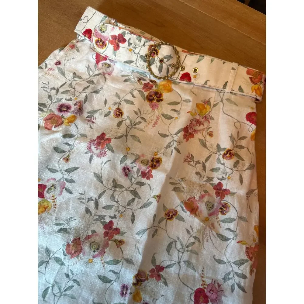 Zimmermann Women's Linen Midi Floral Belted Elka Vine Ivory Wonderland Skirt